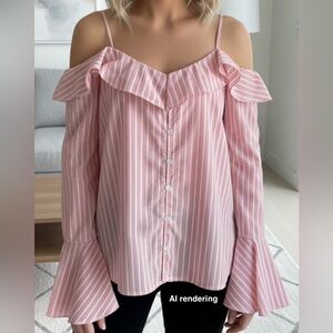 LUMIERE Pink & White Stripe Ruffle Neck Off Shoulder Blouse | Medium
